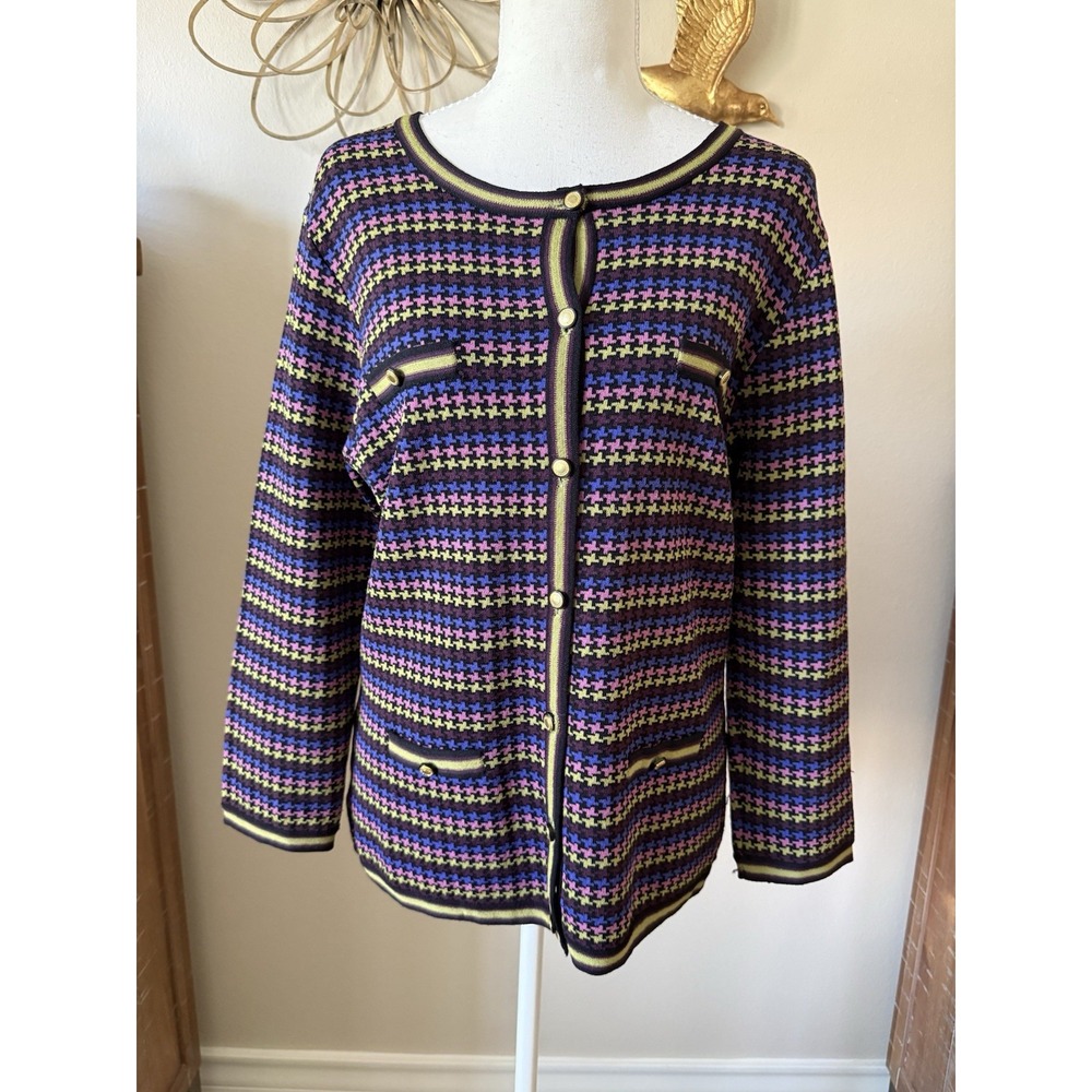 Grace Dane Lewis Cardigan Womens L Multicolor Houndstooth Gold Button Y2K Preppy